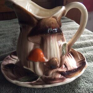 Vintage Homco Mushroom Pitcher with Under Plate